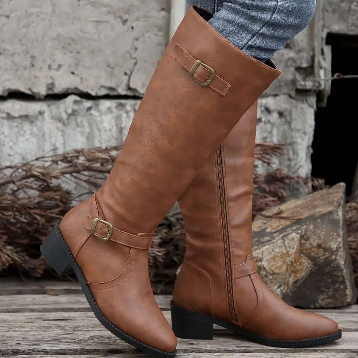 Women’s Winter High-Top Knight Boots – Side Zipper & Belt Buckle, Pointed Toe, PU Material with Cotton Lining