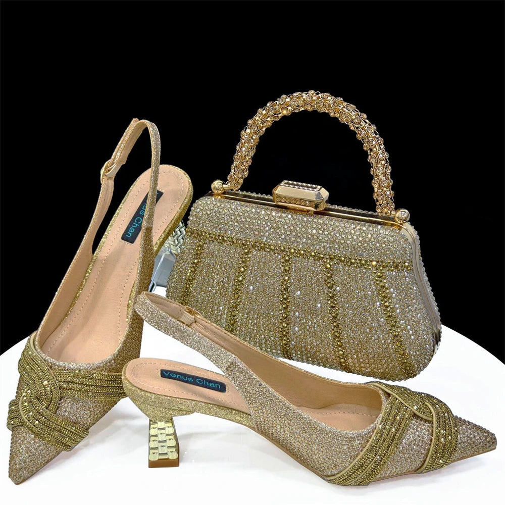 Venus Chan Women’s Champagne Shoe & Bag Set - Rhinestone Heels and Handbag for Nigerian Parties & Weddings
