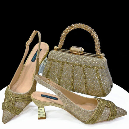 Venus Chan Women’s Champagne Shoe & Bag Set - Rhinestone Heels and Handbag for Nigerian Parties & Weddings