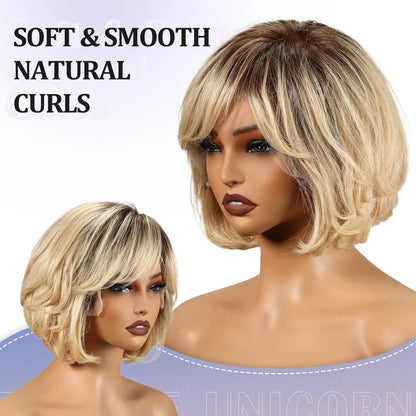100% Remy Human Hair Transparent Lace Frontal Wig – Short Wavy Ash Brown Ombre Pixie Cut for White Women