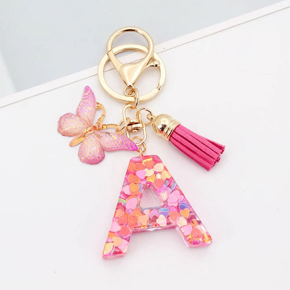 A-Z Letter Acrylic Keychain - Pink Butterfly Tassel Bag Charm & Key Ring