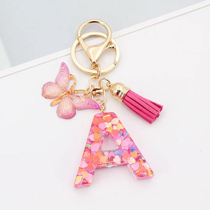 A-Z Letter Acrylic Keychain - Pink Butterfly Tassel Bag Charm & Key Ring