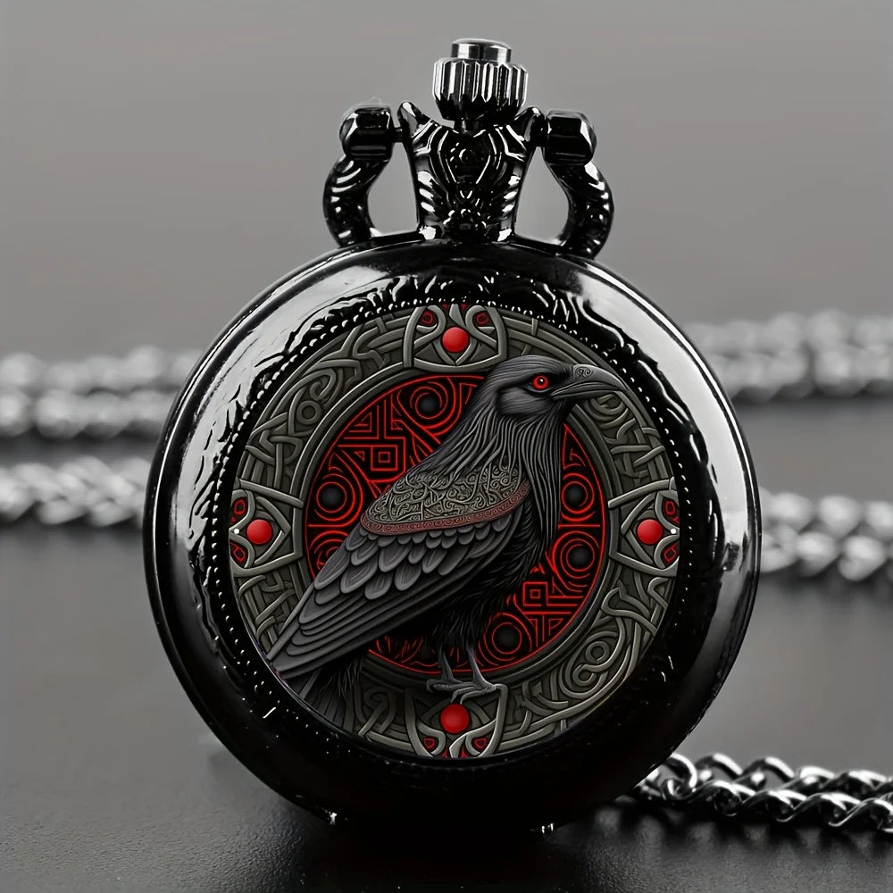Gothic Black Raven Pocket Watch - Quartz Alloy Pendant Necklace Watch for Men, Women & Kids