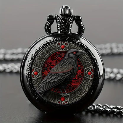 Gothic Black Raven Pocket Watch - Quartz Alloy Pendant Necklace Watch for Men, Women & Kids
