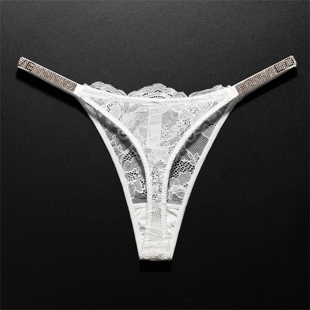 Women's Crystal Lace Thong - Sheer Transparent Breathable T-Back Lingerie Plus Size S-XL