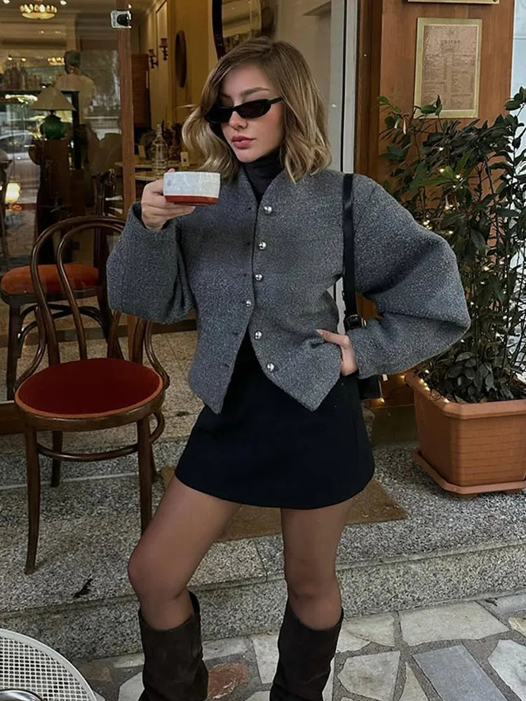 2025 Women's Elegant Long Sleeve Woolen Coat – V-Neck, Single-Breasted Slim Fit Solid Color Office Jacket