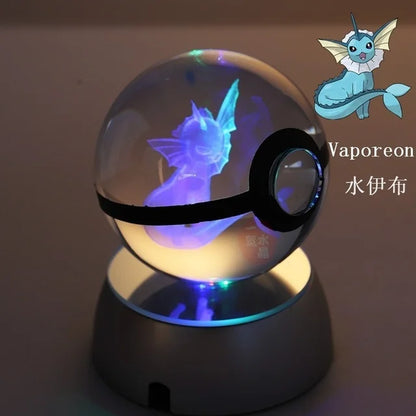 Anime Pokemon 3D Crystal Ball – Snorlax & Charizard Engraved Pokeball Figure with LED Light Base, Kids Gift