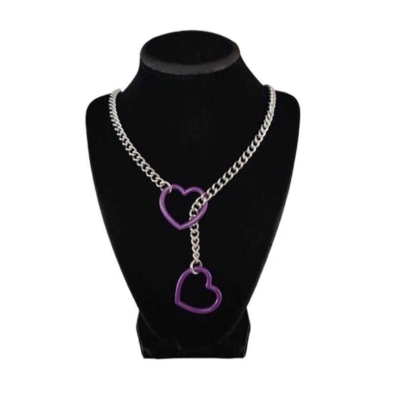 Heart O-Ring Punk Rock Necklace – Stainless Steel Cuban Chain Y-Necklace for Women