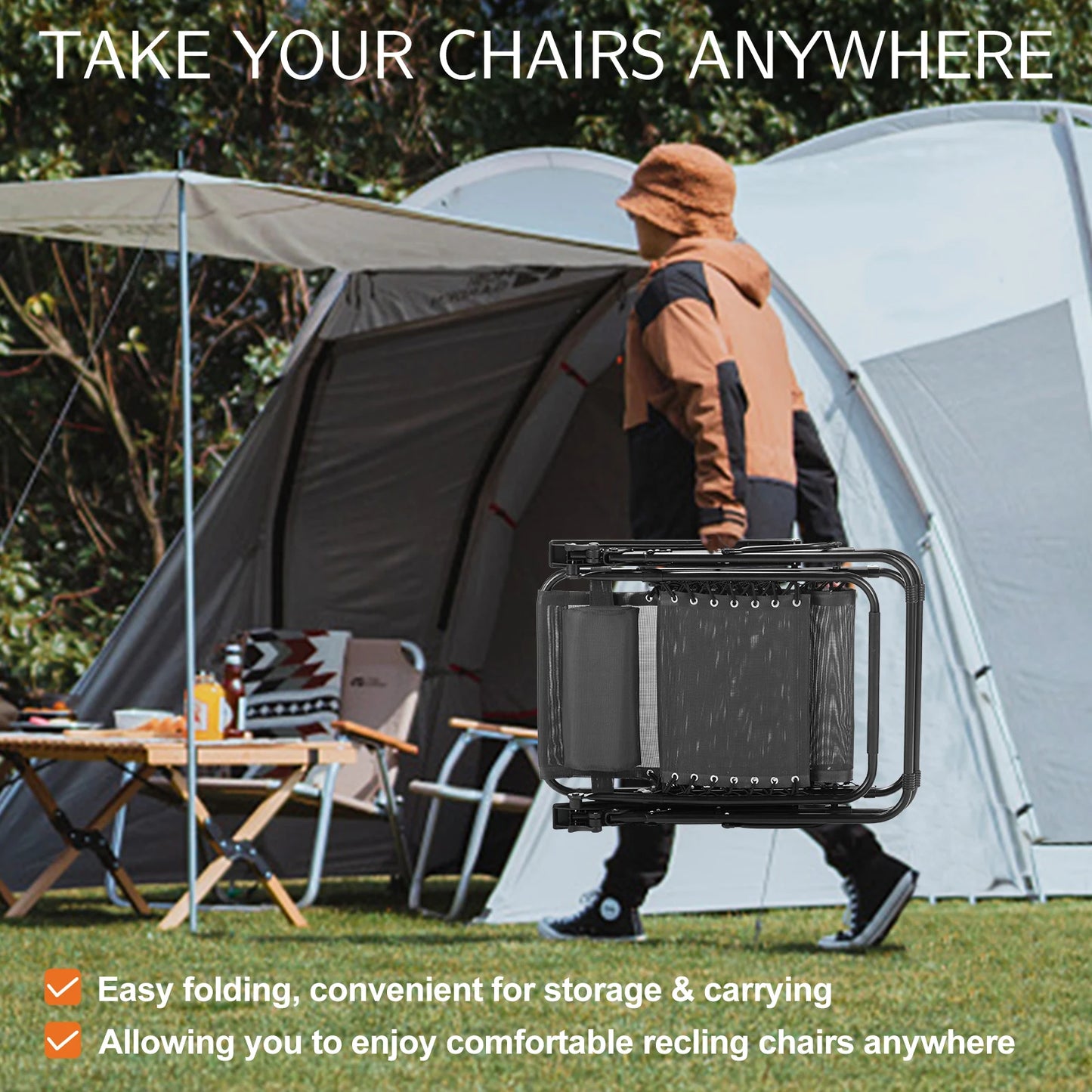Zero Gravity Recliner Chairs Set of 2 — Portable Adjustable Outdoor Camping Patio Lounge with Cup Holders & Pillows