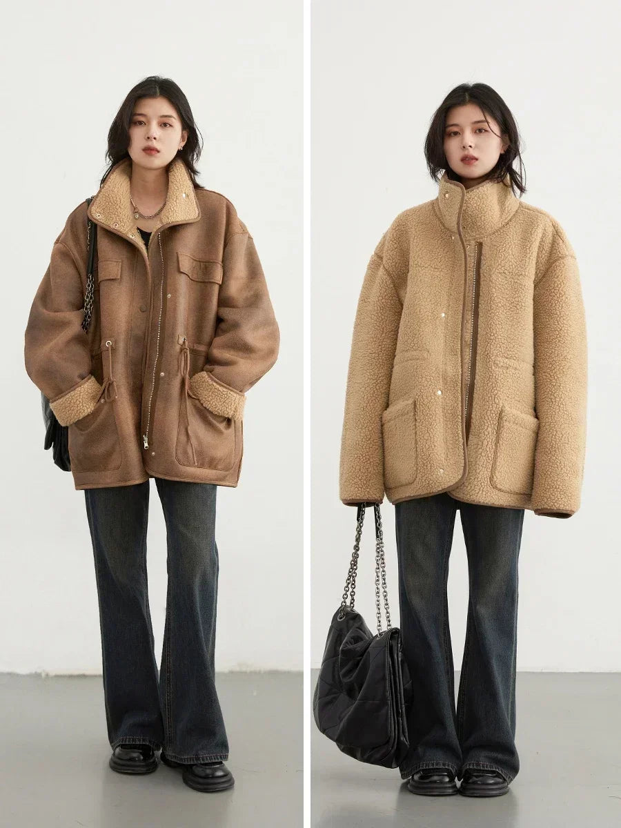CHIC VEN Women's Reversible Jacket – Thick Suede, Motorcycle Style, Loose Fit Winter & Autumn Outerwear 2023