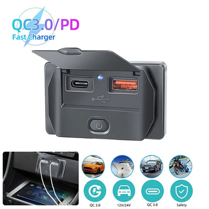 Car Charger Socket Adapter with Switch | 4-Port Charging Splitter for Bus, RV, ATV, Truck, Boat | 12V/24V PD, QC3.0