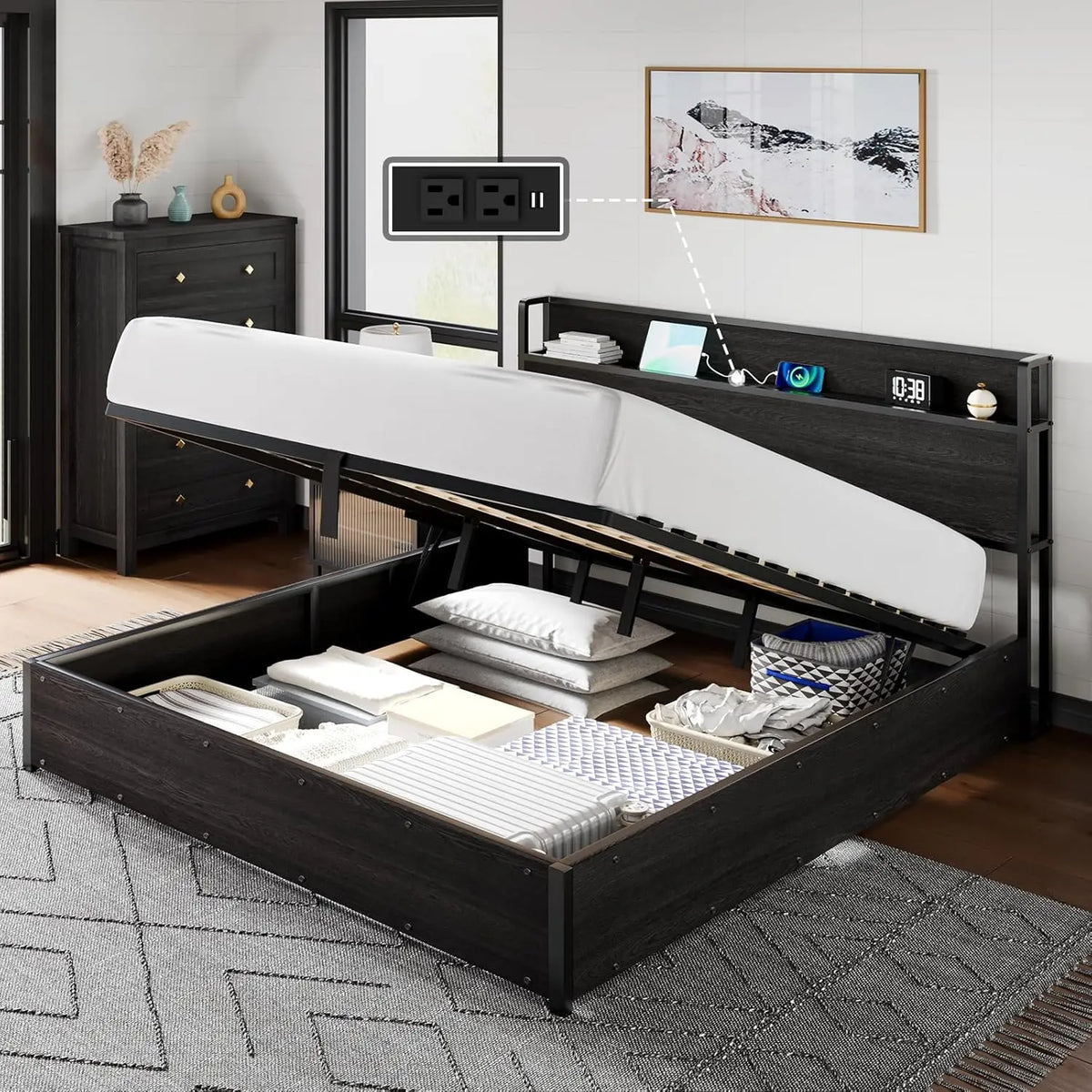 King Lift-Up Storage Bed Frame - Wooden Platform Bed with USB Charging, No Box Spring Required