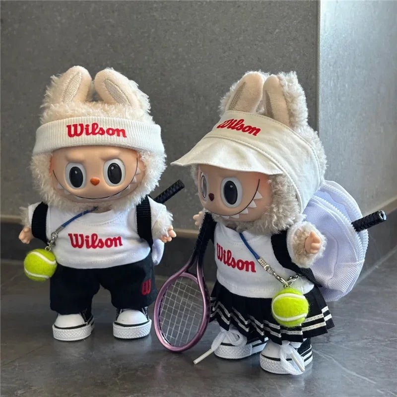 Labubu 15-17cm Doll Sports Outfit – LA Baseball & Trendy Tennis/Badminton Clothing, T-Shirt & Cargo Pants Set