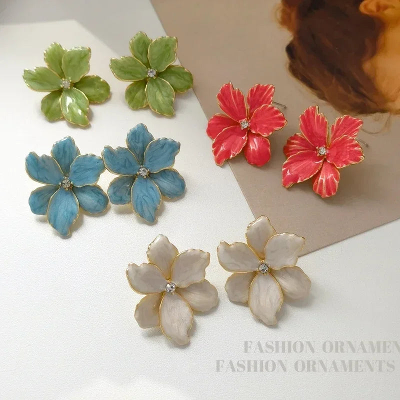 Modern 925 Silver Red Flower Stud Earrings — Spring/Summer Popular Big Earrings for Women & Girls, Fashion Jewelry Gift