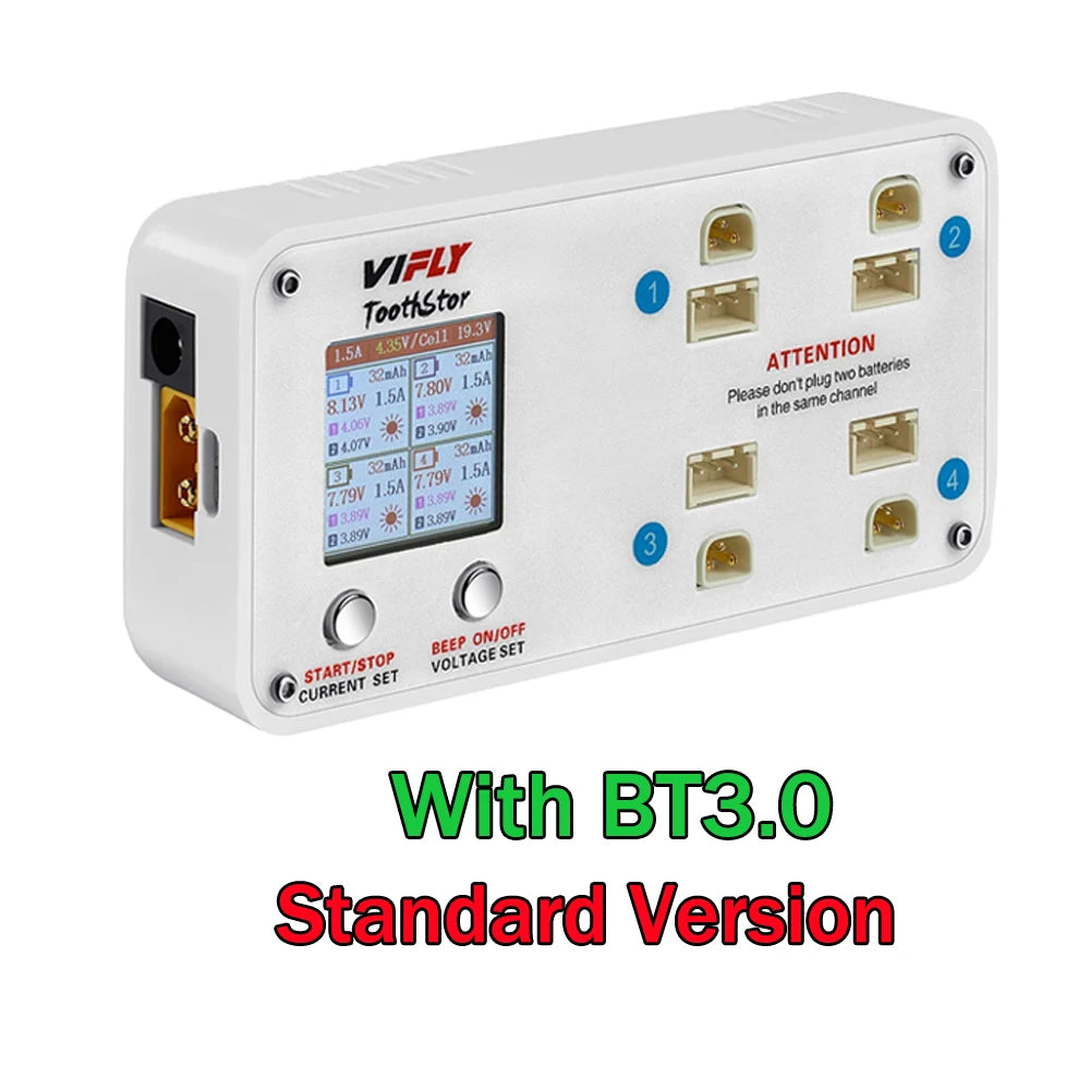 VIFLY ToothStor 4-Port 2S Balance Charger – LCD Display with Storage Mode for LiHV/LiPo RC FPV Racing Drone Batteries