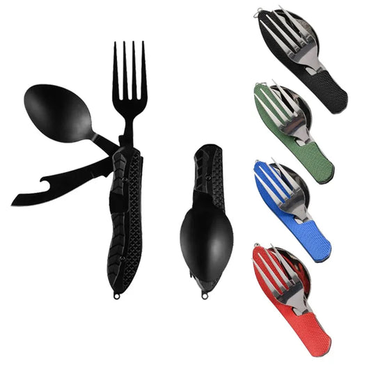 Portable Stainless Steel Camping Cutlery Set – Foldable Spoon, Fork, Knife & Bottle Opener Multitool