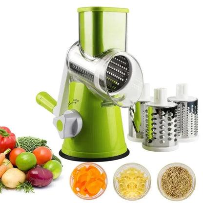 Manual Vegetable Cutter Slicer - 3 Drum Multifunction Kitchen Cheese Grater for Garlic, Potato & Shredding