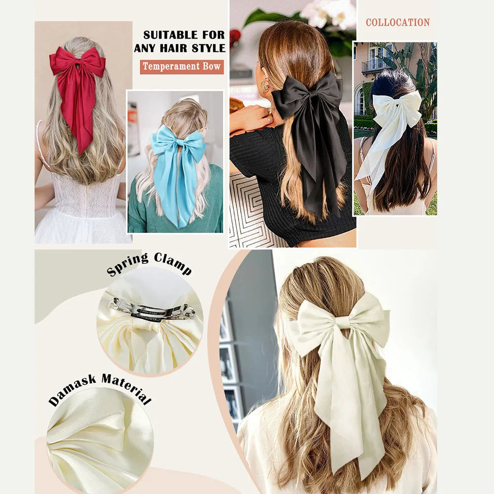 Ladies Satin Oversized Ribbon Bow Hair Clip – White, Pink, Red, Blue, Black, Long Tail Spring Clip for Ponytail Hair Accessories
