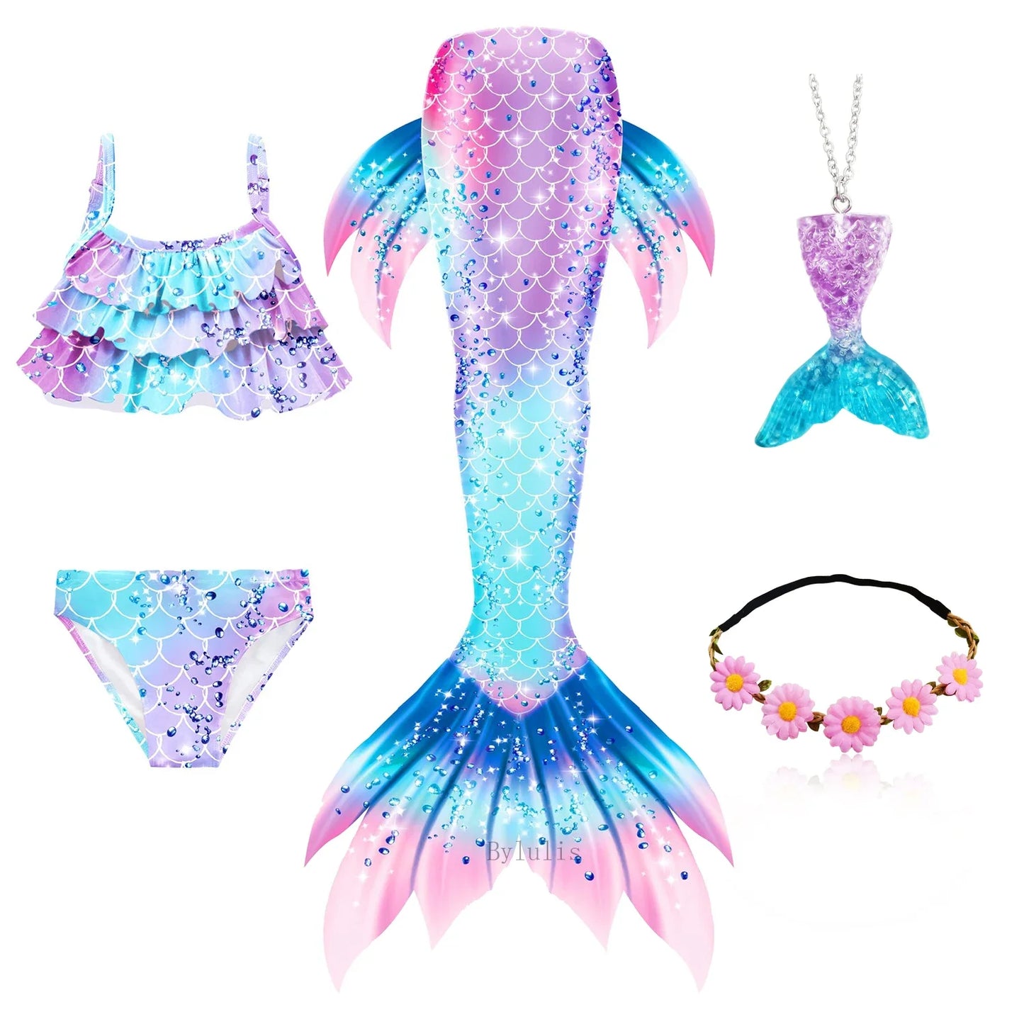 Kids Mermaid Tail Swim Costume - Girls Mermaid Swimsuit for Swimming, Cosplay & Birthday Party Dress Up