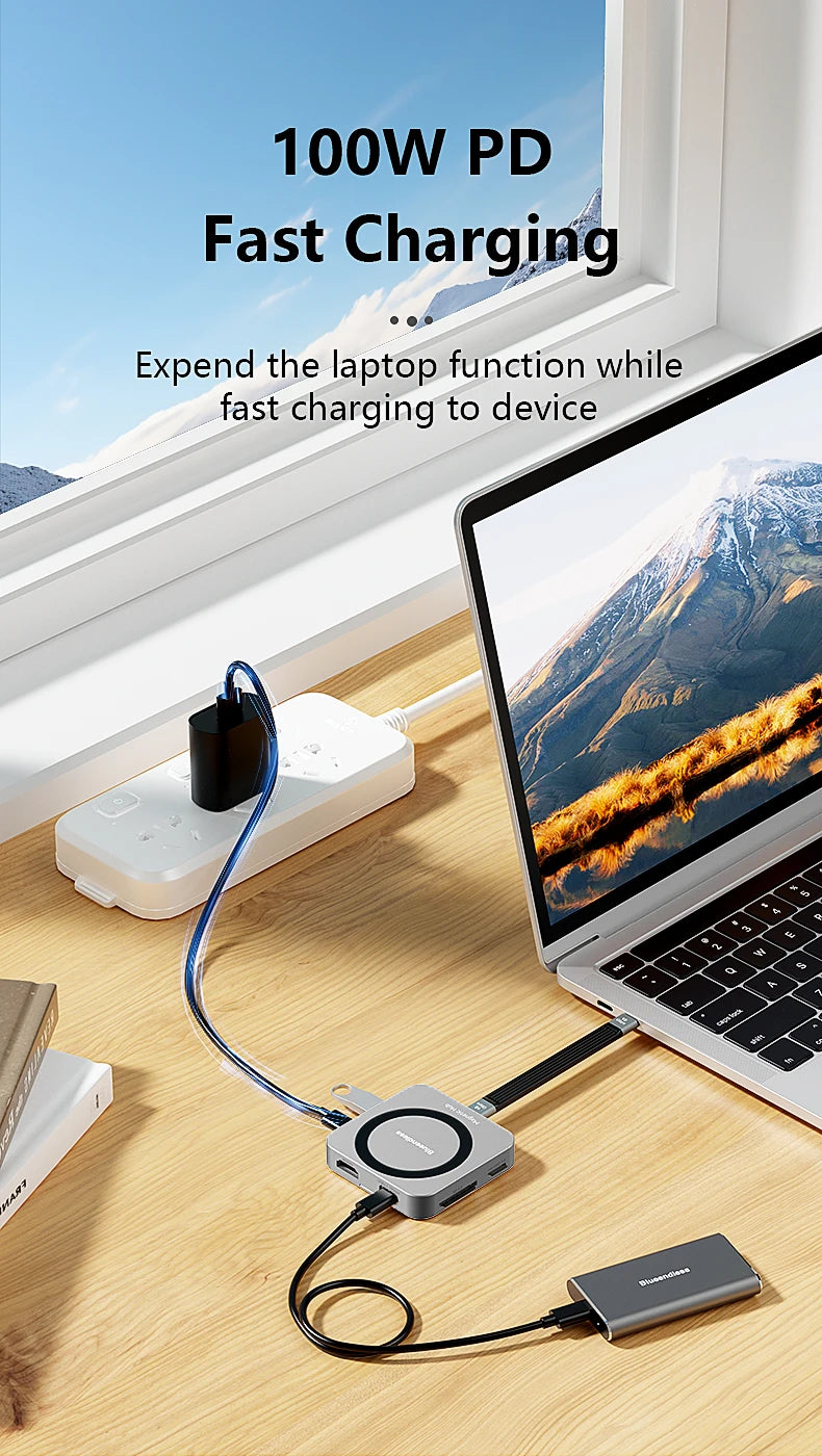 Blueendless 8-in-1 M.2 NVMe SSD Docking Station – USB 3.1 10Gbps, 100W PD, 4K60Hz HDTV Magnetic M.2 SSD Enclosure
