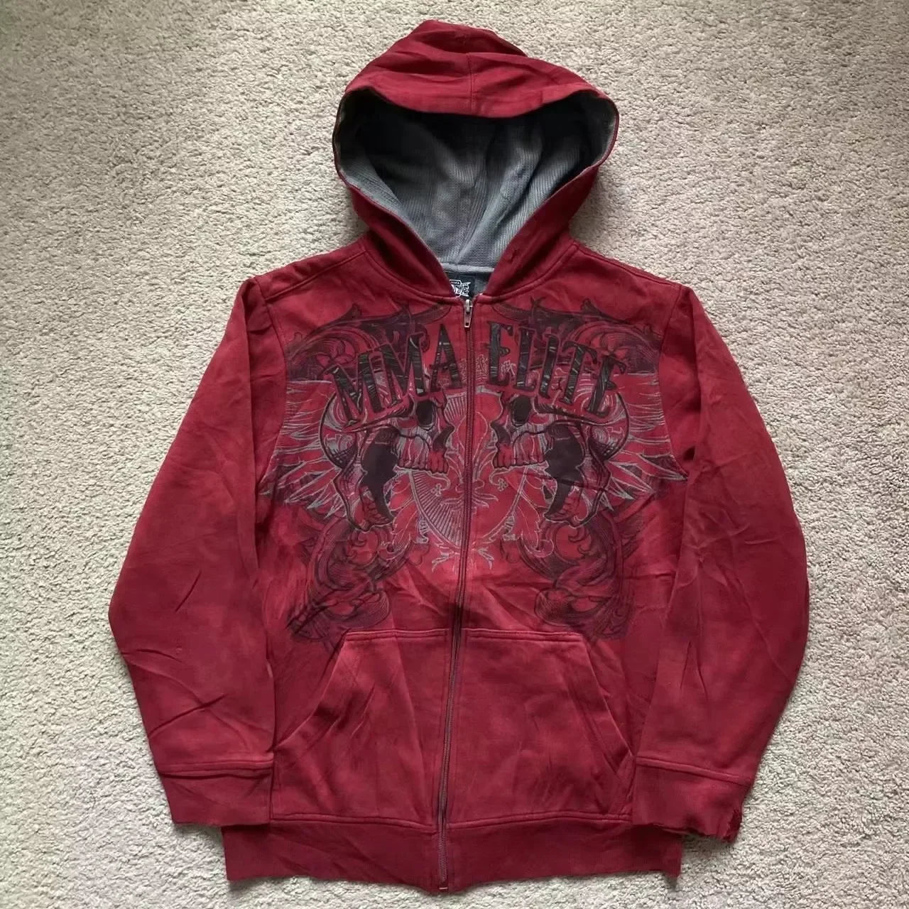 2000s Red Couple Zipper Hoodie – Vintage Y2K Skull Snake Cotton Full-Zip Sweatshirt