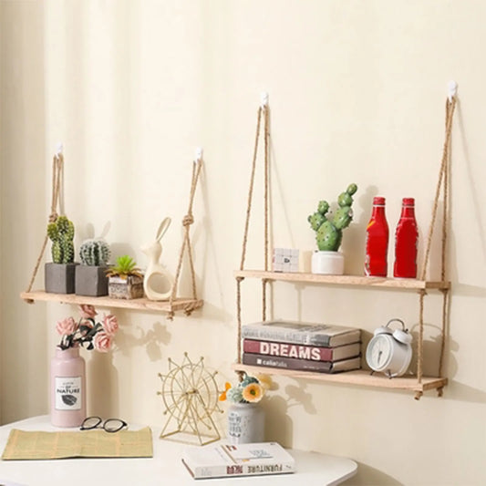 Wooden Floating Shelves for Wall | 1/2/3-Tier Plant and Flower Storage with Swing Hanging Rope | Home Living Room Decor