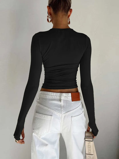 Fashion Women's Long Sleeve T-Shirt - Crew Neck Solid Slim Fit Crop Top with Thumb Holes for Daily Summer Streetwear