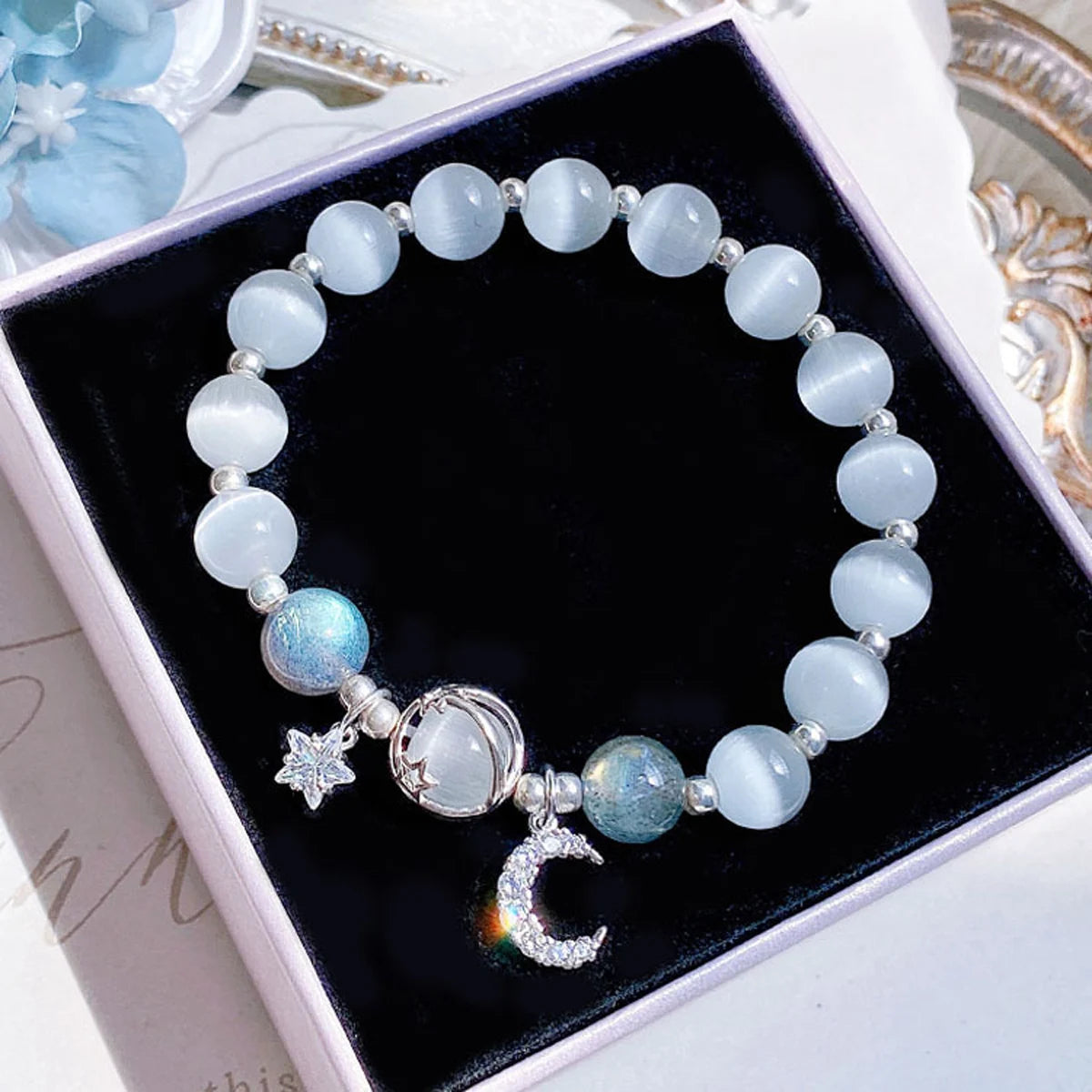 Starry Cat’s Eye Stone Bracelet for Women – Grey Moonlight Crystal Star Moon Design Fashion Jewelry Gift