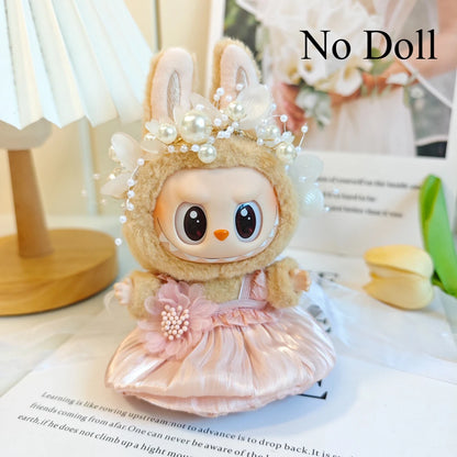 Mini Plush Doll Clothes Bud Skirt with Pearl Hair Accessory — Labubu I & II Kpop Idol Doll DIY Outfit Gift