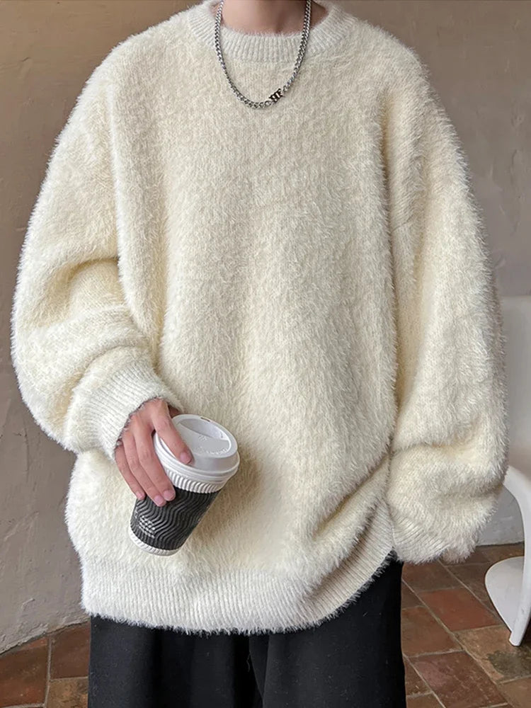 Men's Autumn Fluffy Knit Sweater - Loose Warm Korean Style Y2K Vintage Winter Pullover