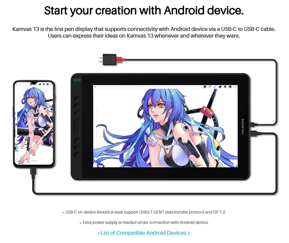 Huion Kamvas 13 Graphics Tablet — AG Glass Pen Display with 8192-Level Battery-Free Stylus for Android, Windows & MacOS