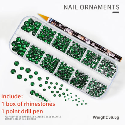 12-Grid 3D Glass AB Crystal Nail Art Rhinestones Kit – Flatback Round Beads with Tools for Nail Jewelry & Diamond Decoration