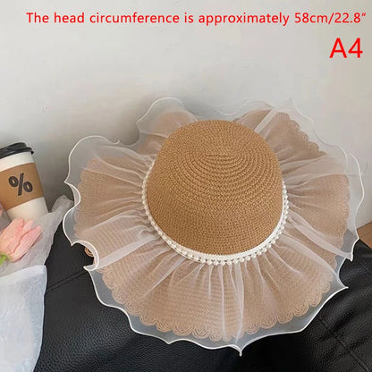 Funny Women’s Lace Straw Hat – Wide Brim Floppy Beach Sun Hat with Solid Fringe, Summer Outdoor Cap