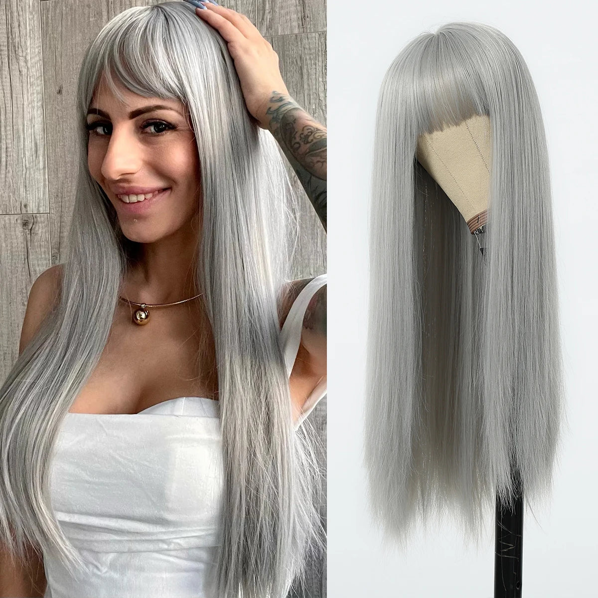LOUIS FERRE Straight White Synthetic Wig – Long Natural Hair Wig with Bangs, Heat Resistant, Daily Wear for White Women