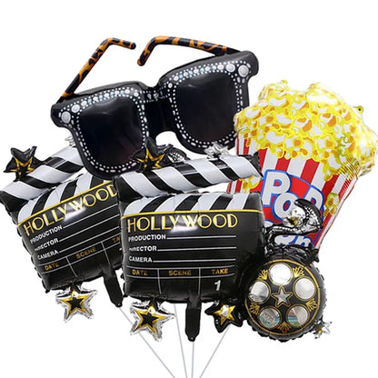 4-Piece Movie Night Party Decorations - Projector, Sunglasses and Popcorn Foil Balloons for Birthday Celebrations