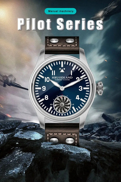 Hruodland 43MM Pilot Men’s Manual Mechanical Watch — Sapphire Crystal, BGW-9 Night Light, Turbine Design, Waterproof 5Bar