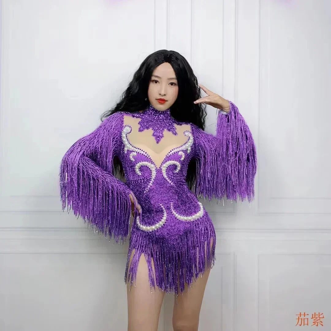 Purple Rhinestone Mesh Tassel Jumpsuit - Sheer Nightclub & Stage Performance Outfit