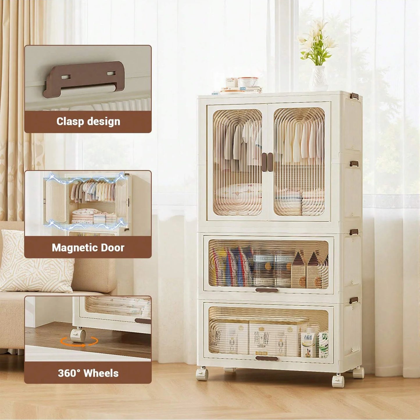 Plastic Wardrobe Closet — 27.6" Wide Stackable Multi-Layer Storage Bins with Lids & Wheels, Collapsible Drawer Organizer
