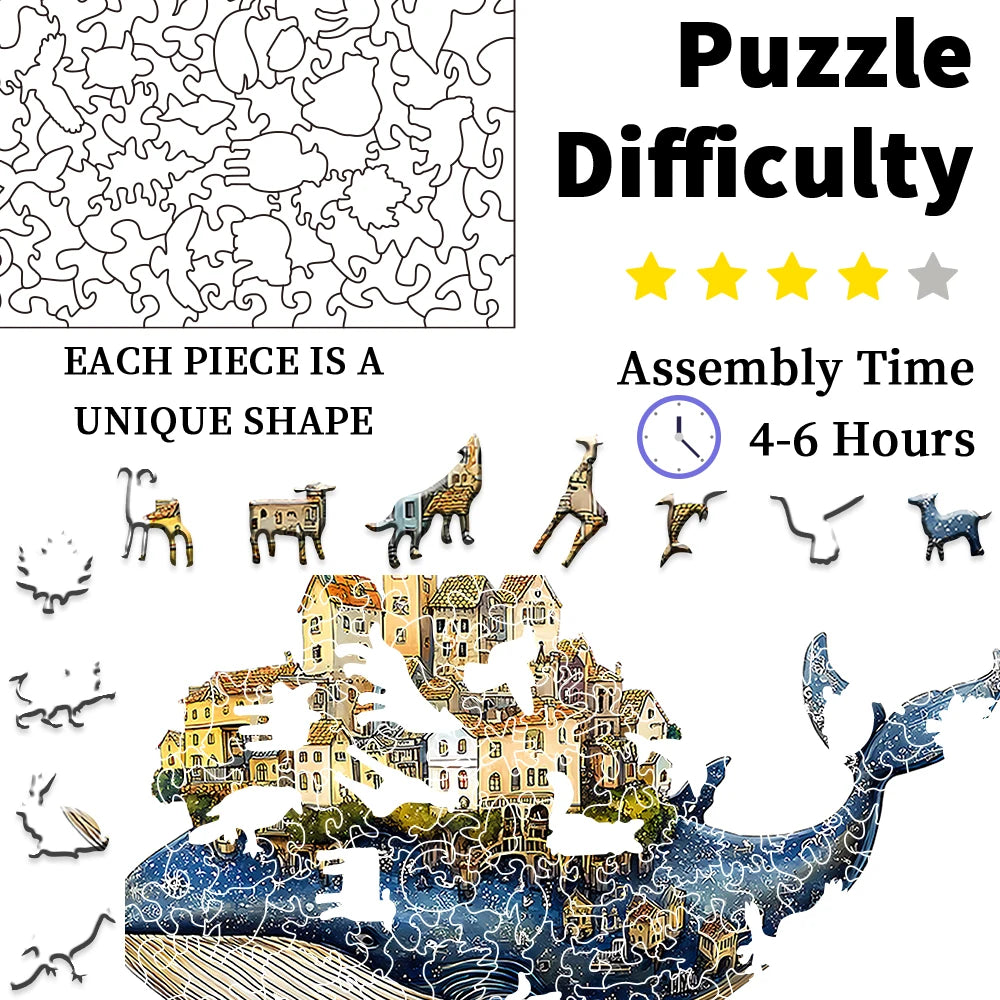 Artisan Whale Castle Wooden Puzzle – Handcrafted Animal Village & Marine Wall Art, Intermediate Family Game
