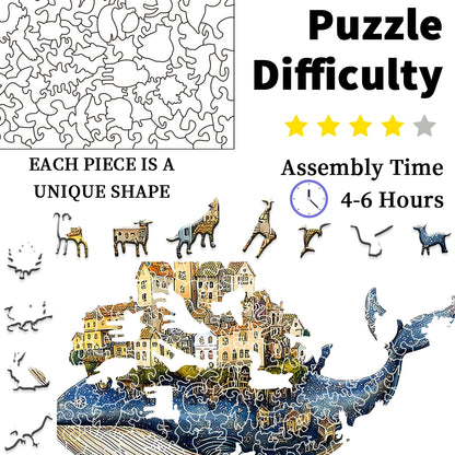 Artisan Whale Castle Wooden Puzzle – Handcrafted Animal Village & Marine Wall Art, Intermediate Family Game