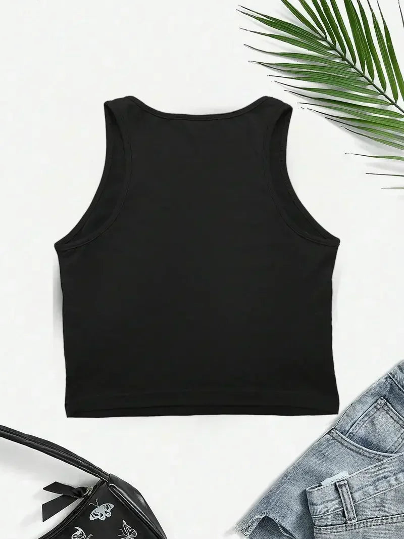 Women’s Vintage Cherry Print Crop Top Vest – Sleeveless Round Neck Sexy Summer Tank Top Tee