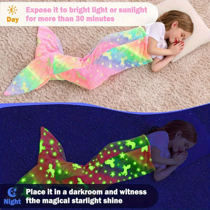 Cartoon Rainbow Unicorn Mermaid Tail Blanket — Super Soft Glow-in-the-Dark Flannel Blanket, Perfect Gift for Girls