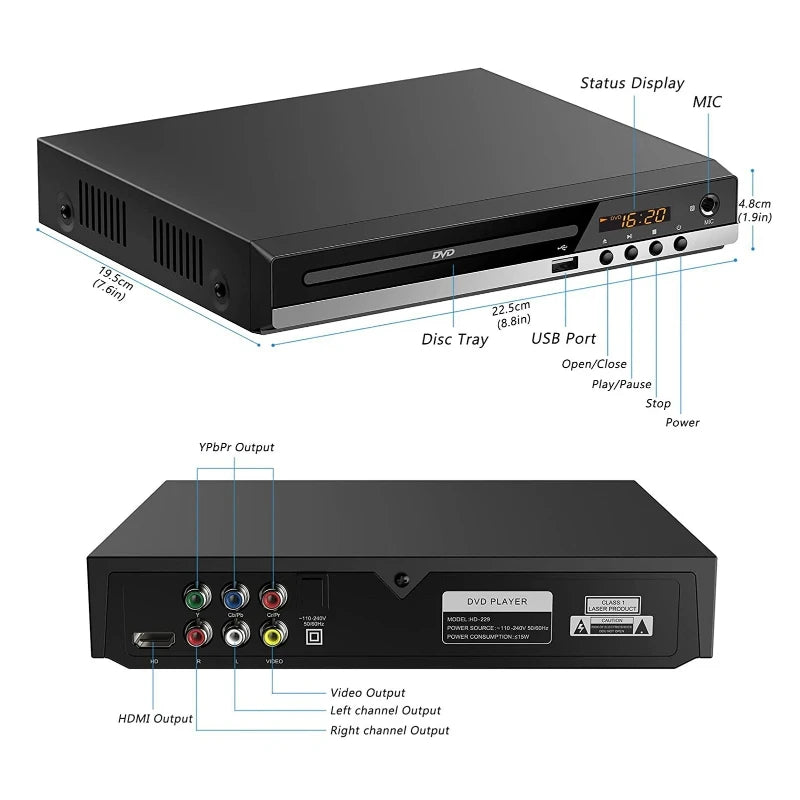 1080P HD DVD Player – All Region Free Home DVD Player with AV Output & Built-in MIC Port