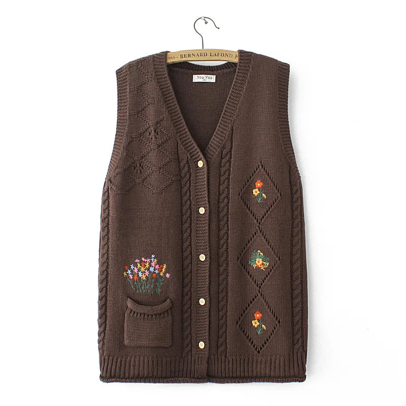 Plus Size Women's Embroidered Hollow Knit Sweater Vest – V-Neck Cardigan, Casual Autumn Fashion, E2 3023