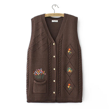 Plus Size Women's Embroidered Hollow Knit Sweater Vest – V-Neck Cardigan, Casual Autumn Fashion, E2 3023
