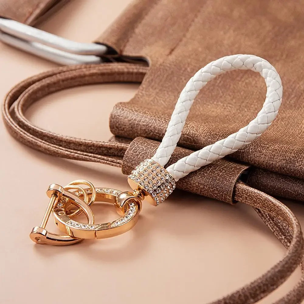 Handcrafted Braided Rope Keychain – Sparkling Rhinestone Car Key Ring, Stylish Monochrome Fashion Accessory