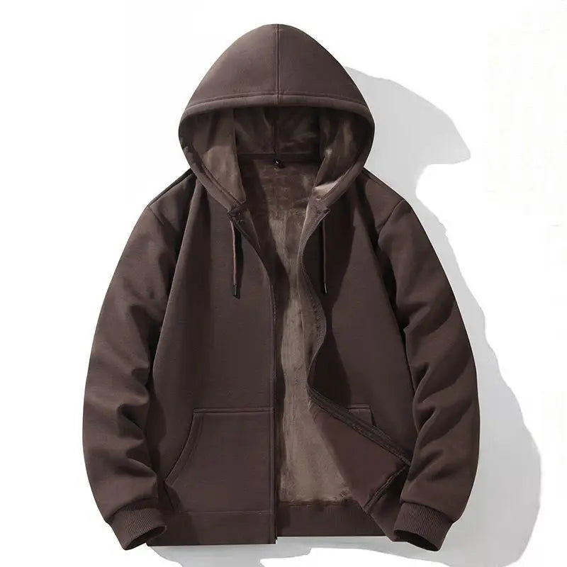 Zipper Hooded Sweatshirt – Autumn Winter Fleece-Lined Cotton Cardigan for Men & Women, Solid Color Y2K Style