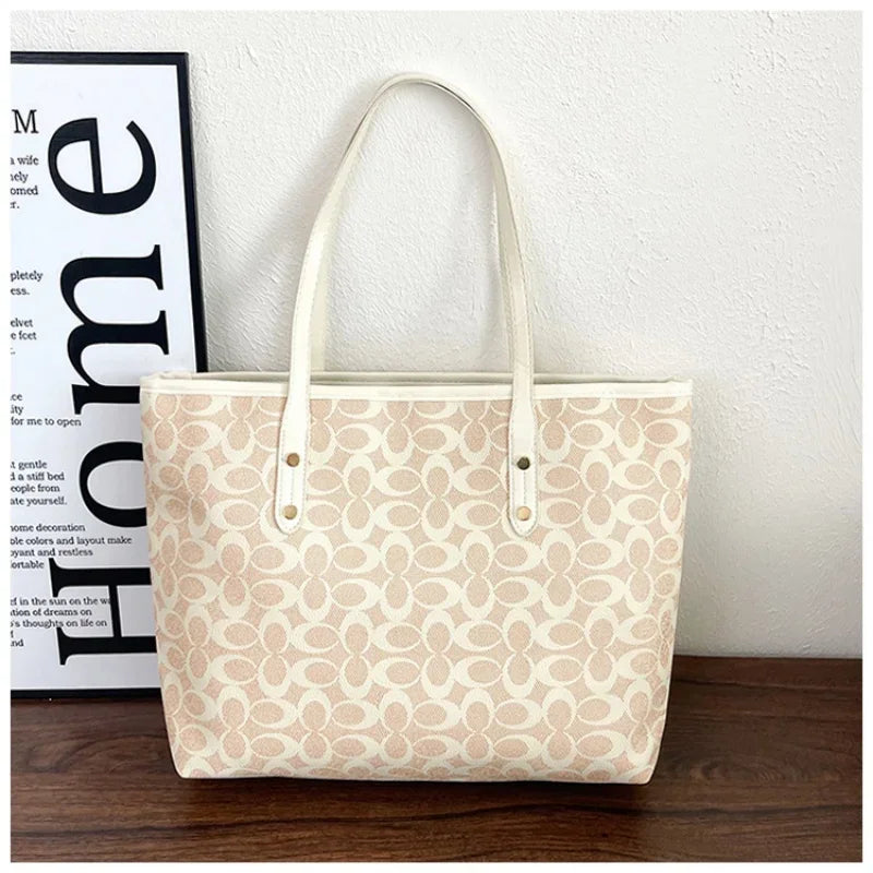 Classic Monogram Tote Bag - Large Capacity Canvas Shoulder Handbag with PU Trim for Women, Work & Shopping
