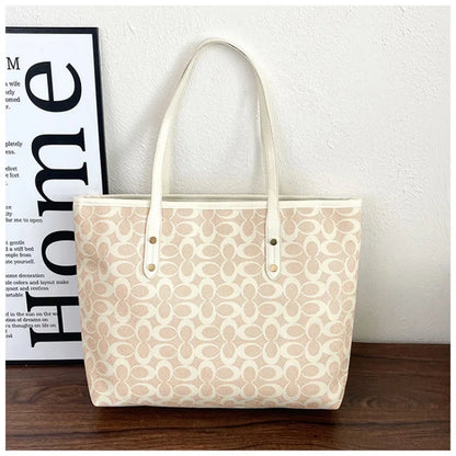 Classic Monogram Tote Bag - Large Capacity Canvas Shoulder Handbag with PU Trim for Women, Work & Shopping