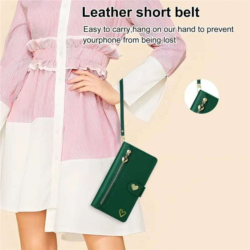 Leather Lanyard Wallet Phone Case for Samsung Galaxy - Zipper Card Holder Flip Cover